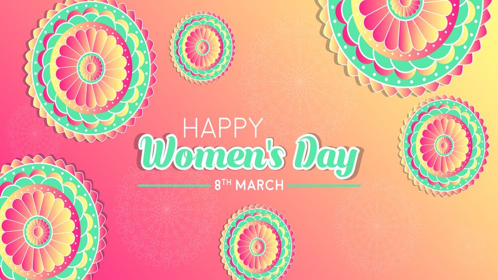Обои для рабочего стола На розовом фоне с круглыми фигурками надпись Happy Womens Day 8 march / счастливого женского дня 8 марта
