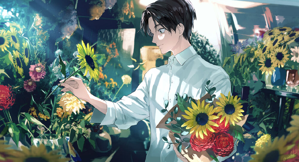 Обои для рабочего стола Yuta Okkotsu / Оккотсу Юта, персонаж из манги Jujutsu Kaisen 0 / Дзюдзюцу Кайсен 0 в белой рубашке собирает букет цветов
