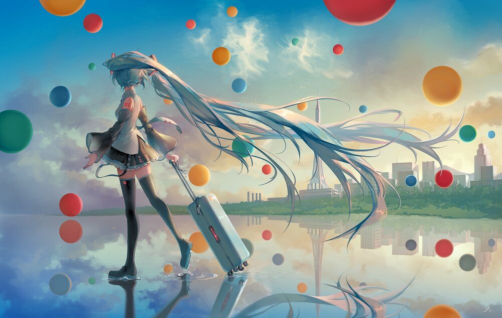 Обои для рабочего стола Vocaloid Hatsune Miku / Вокалоид Хатсунэ Мику идет по поверхности воды везя за собой чемодан на колесах