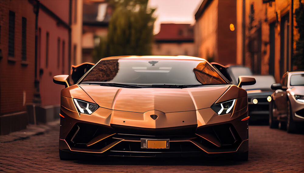 Обои для рабочего стола Автомобиль Lamborghini Aventador золотистого цвета стоит на дороге одной из улиц города, боке