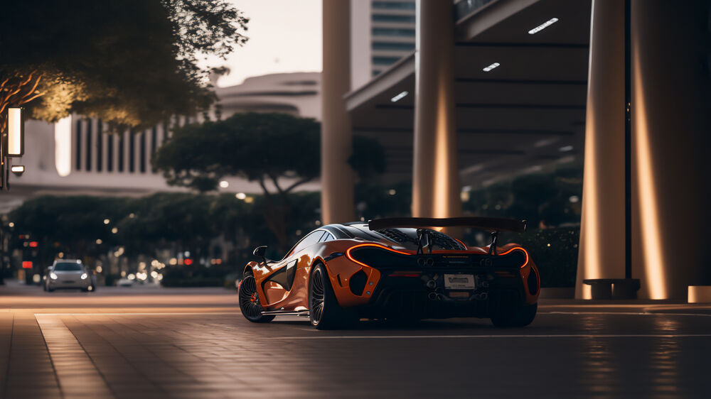 Обои для рабочего стола Суперкар McLaren P1 оранжевого цвета стоит на дороге в черте города