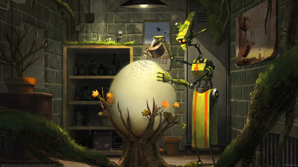 Обои для рабочего стола Робот ухаживает за яйцом поливая его из лейки в комнате с календарем и растениями