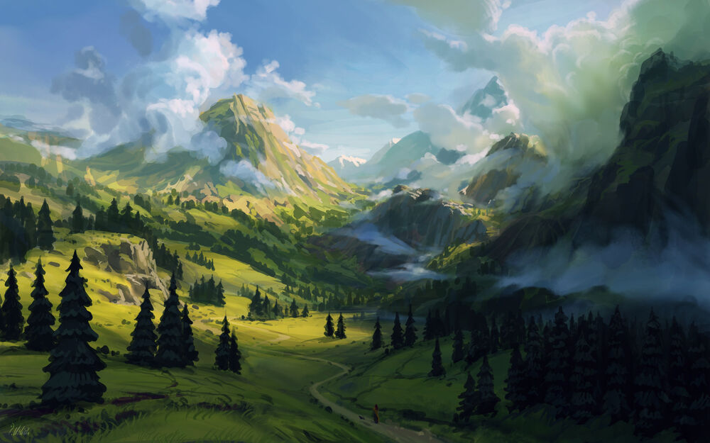 Обои для рабочего стола Mountain Valley. Девушка идет по дороге, в долине между гор