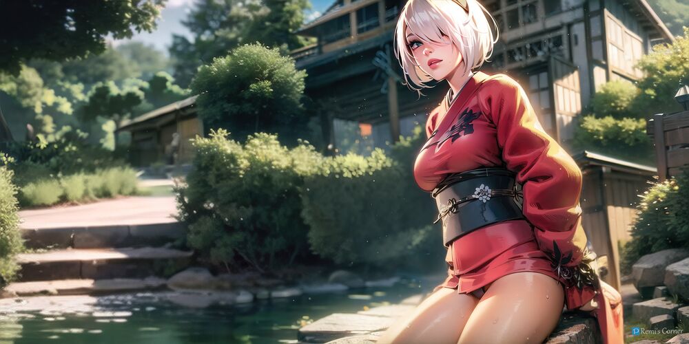 Обои для рабочего стола Андроид YoRHa No. 2 Type B в юкате на фоне здания, персонаж из игры NieR: Automata