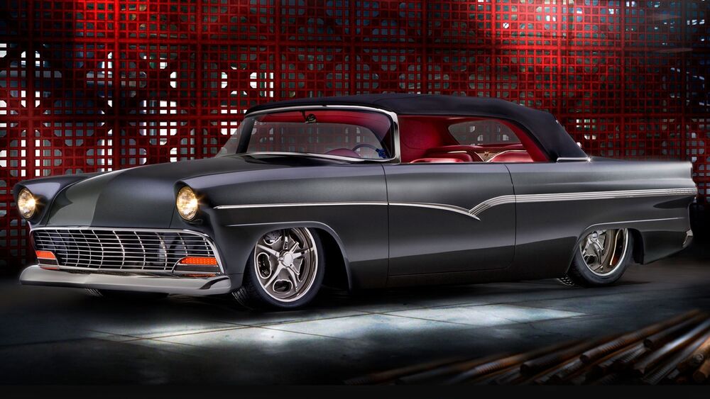 Обои для рабочего стола Серый Ford 1956 года на фоне красной решетки