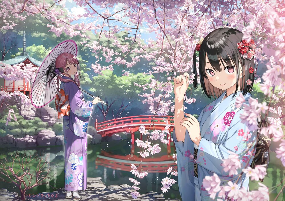 Обои для рабочего стола Kurumi и Shizuku одетые в юкаты, стоят возле пруда под цветущими ветвями сакуры