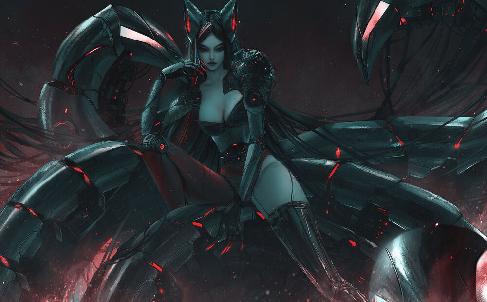 Обои для рабочего стола Ари / Ahri из игры League of Legends / Лига Легенд сидит на металлических щупальцах