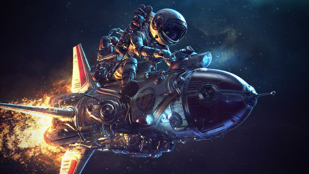 Обои для рабочего стола Космонавт на космическом мотоцикле с реактивным двигателем на фоне космоса