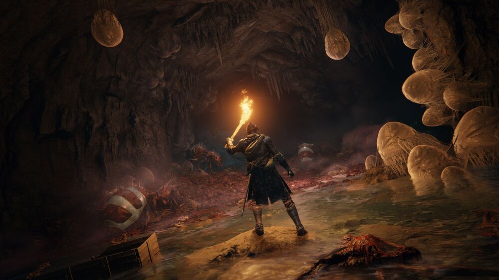 Обои для рабочего стола Рыцарь с факелом стоит в мрачной пещере