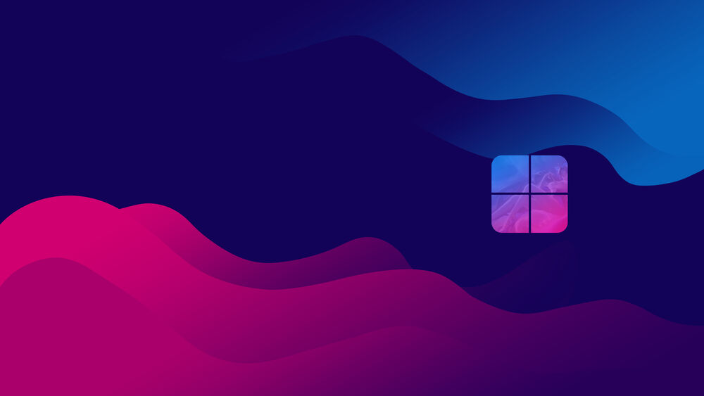 Обои для рабочего стола Логотип Windows на синем фоне с розовыми и голубыми волнами, концепт-арт Windows 12