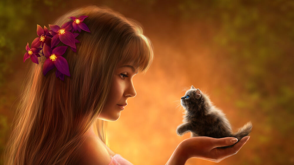 Обои для рабочего стола Девушка с цветами в волосах, держит на ладони с котенка