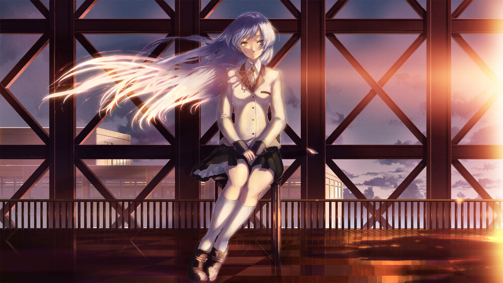 Обои для рабочего стола Канадэ Татибана / Kanade Tachibana сидит на стуле, персонаж из аниме Angel Beats! / Ангельские Ритмы