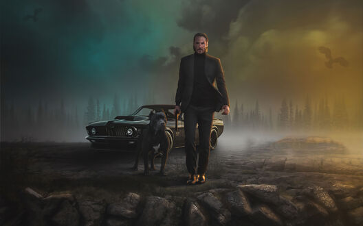 Обои на рабочий стол Keanu Reeves / Киану Ривз в роли John Wick / Джон Уик с собакой и машиной в сумерках в тумане