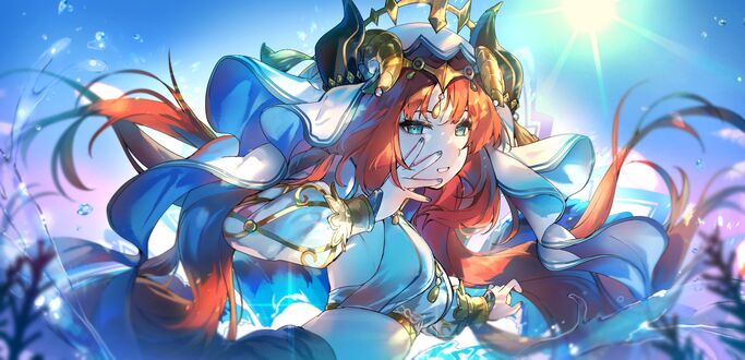 Обои на рабочий стол Nilou / Нило на фоне неба, персонаж из компьютерной игры Геншин / След воздействия / Genshin Impact