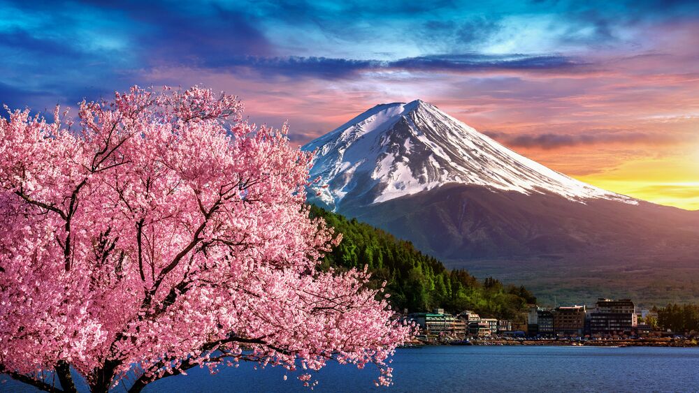 Обои для рабочего стола Гора Фудзияма / fuji на фоне неба с цветущей сакурой, Япония / japan