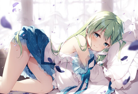Обои на рабочий стол Sanae Kochiya / Санае Кочия обнимает подушку, персонаж из серии компьютерных игр Touhou Project / Проект «Восток», art by Miyase Mahiro