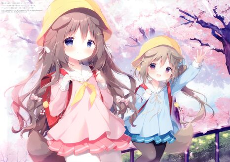 Обои на рабочий стол Fumizuki / Фумидзуки и Nagatsuki / Нагацуки в школьной форме с портфелями за спиной, персонажи из мобильной браузерной игры Azur Lane