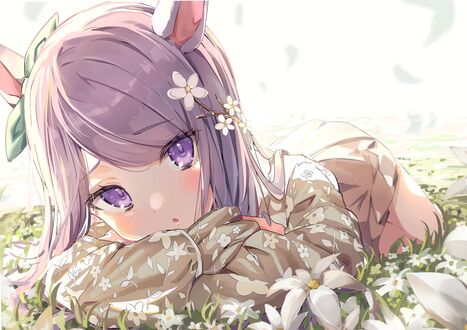 Обои на рабочий стол Mejiro Mcqueen / Мэдзиро Маккуин лежит на траве, персонаж из аниме Uma Musume Pretty Derby / Девушки-пони славное дерби