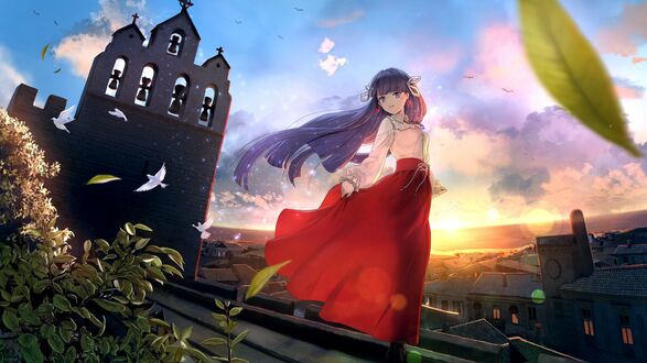 Обои на рабочий стол Saint Martha / Святая Марта в белой блузке и красной юбке на фоне заката, персонаж из игры Fate / Grand Order / Судьба: Великий Приказ