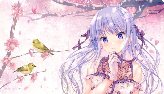 Обои на рабочий стол Hiiragi Asuka стоит на фоне цветущей сакуры