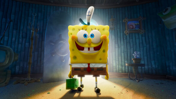 Обои на рабочий стол Губка Боб / Sponge Bob из мультсериала Губка Боб Квадратные Штаны / Sponge Bob Square Pants стоит у входа в дом