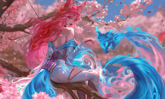 Обои на рабочий стол Ари / Ahri из игры Лига Легенд / League of Legends сидит на ветке цветущей сакуры