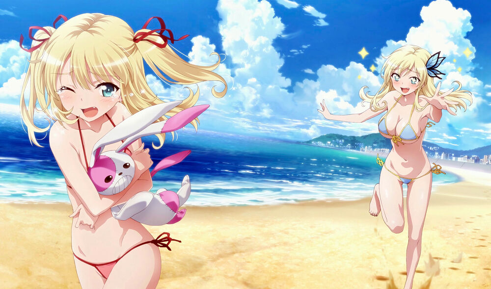 Обои для рабочего стола Kobato Hasegawa / Кобато Хасэгава убегает от Sena Kashiwazaki / Сэна Касивадзаки гонящейся за ней по пляжу, персонжи из аниме Boku wa Tomodachi ga Sukunai / У меня мало друзей