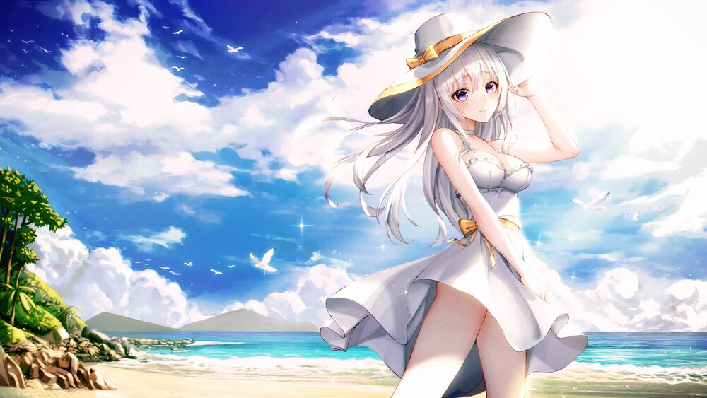 Обои для рабочего стола Девушка в белом платье прогуливаясь по пляжу придерживает рукой шляпу