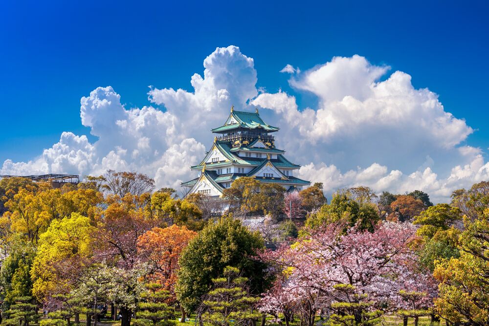 Обои для рабочего стола Замок в Осаке / osaka на фоне неба в окружении весенних деревьев, Япония / japan
