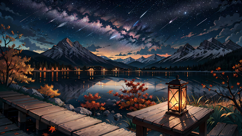 Обои для рабочего стола Сумеречный пейзаж на озере, с фонарем на столе, деревянным мостиком и деревьями, на фоне заснеженных гор и метеоритного дождя на темном небе