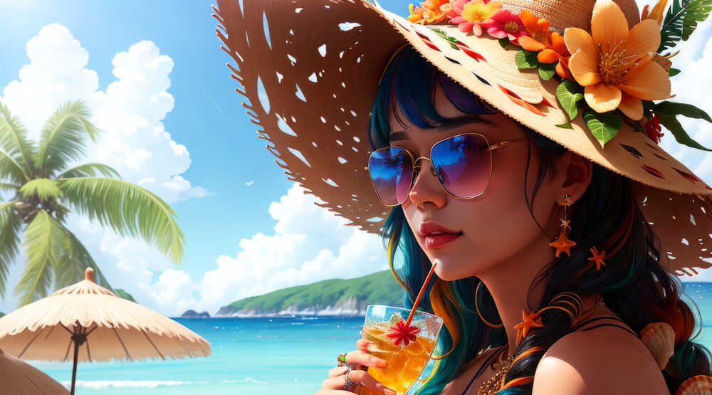 Обои для рабочего стола Девушка в шляпе и солнечных очках, летом на пляже, море, пьет коктейль