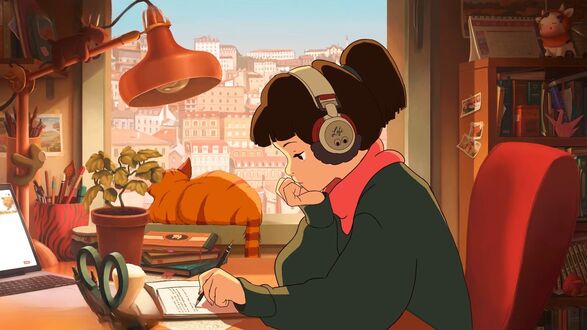 Обои на рабочий стол Lofigirl Девушка сидит за столом у окна в наушниках на фоне дневной городской панорамы рядом с рыжим котом
