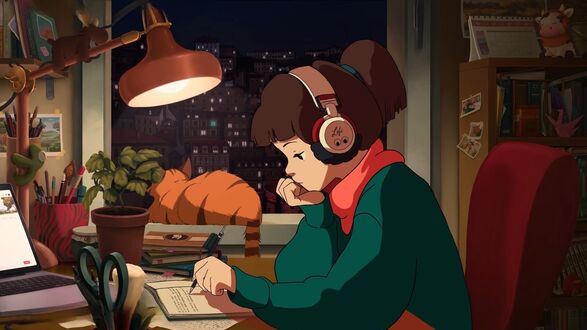 Обои на рабочий стол Lofigirl Девушка в зеленом свитере с красным воротом пишет что то в тетрадь сидя в наушниках у окна с видом на ночной город