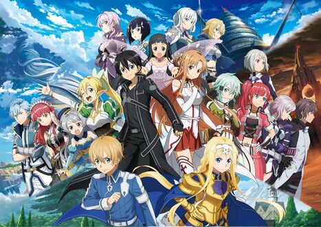 Обои на рабочий стол Sword art Online, Sword art Online: Fatal Bullet, Sword art Online: Lost Song, Sword art Online: Hollow Realization, Sword art Online: Alicization, Sword Art Online: Hollow Fragment - Кирито / Асуна / Юи / Алиса / Юджио / Синон / Куреха / Ицуки / Зелиска / Афасис / Филия / Стрея / Премьера / Тиа / Лифа / Рейн / Семь / Сумераги