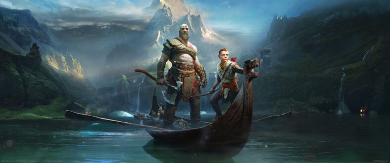 Обои на рабочий стол Персонажи из игры God of war в плывущей лодке на фоне заснеженных гор
