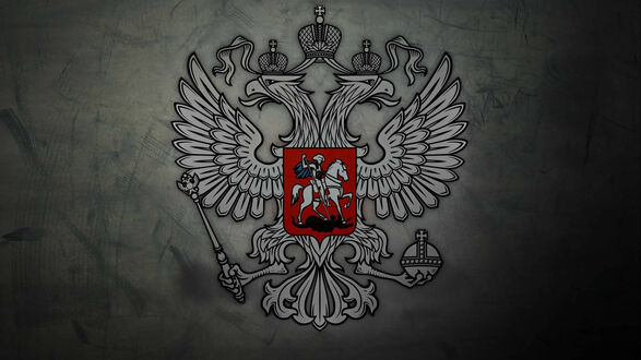Обои на рабочий стол Герб России с двуглавым орлом на сером фоне