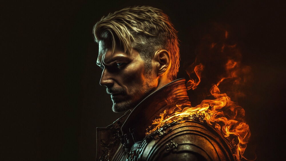 Обои для рабочего стола Jaime Lannister / Джейме Ланнистер в горящих доспехах из сериала Игра престолов / Game of Thrones