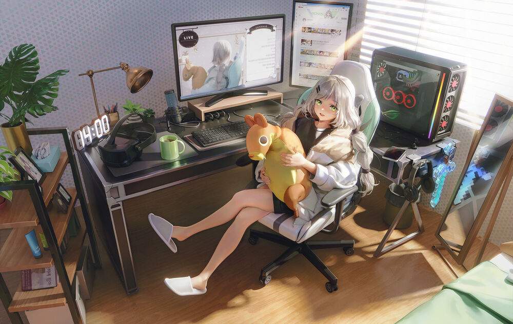 Обои для рабочего стола Viichan с плюшевой игрушкой на коленях сидит на стуле у компьютерного стола