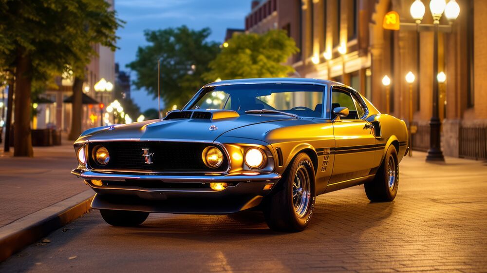 Обои для рабочего стола Автомобиль Ford Mustang 1969 стоит с включенными фарами, на освещенной дороге улицы города