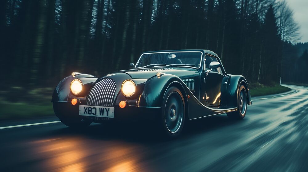 Обои для рабочего стола Автомобиль Roadster Morgan Aero мчится по дороге с включенными фарами, на фоне леса