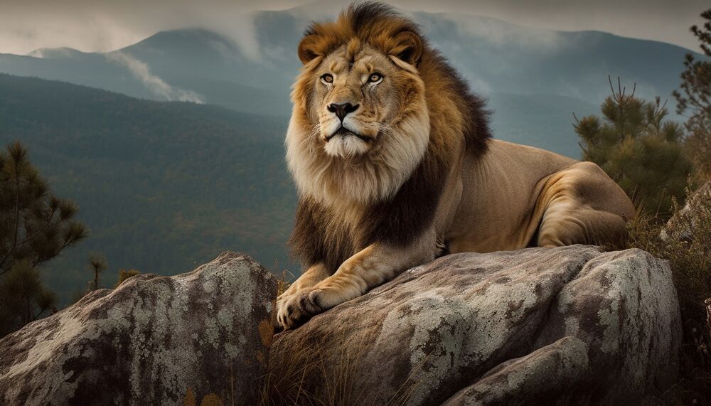 Обои для рабочего стола Гордый лев - царь зверей лежит на камнях возле сосен, на фоне лесов и туманных гор