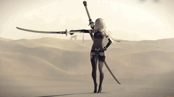Обои на рабочий стол YoRHa Type A No. 2 из игры NieR: Automata с мечом в руке среди песков