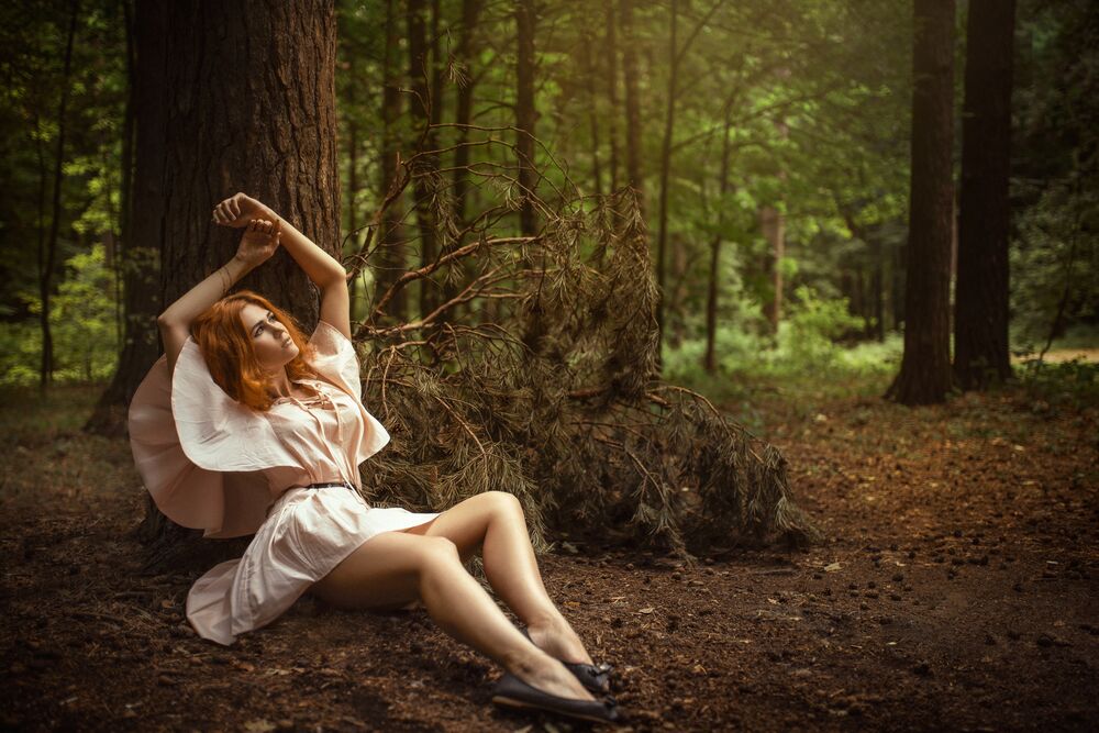 Обои для рабочего стола Модель Nataly в светлом платье сидит с приподнятыми руками у дерева в лесу