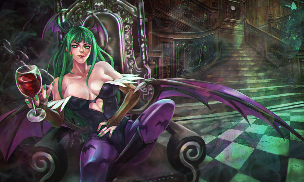 Обои для рабочего стола Морриган Энслэнд / Morrigan Aensland из игры Vampire / Darkstalkers с бокалом в руке сидит в кресле