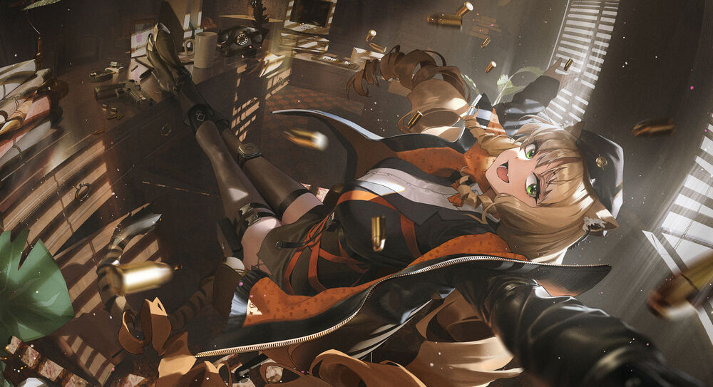 Обои для рабочего стола Радостная Swire / Свайр из игры Arknights сидит в кресле, закинув ноги на стол