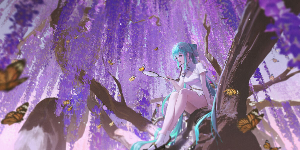 Обои для рабочего стола Vocaloid Hatsune Miku / Вокалоид Хатсунэ Мику сидит на ветке глицинии
