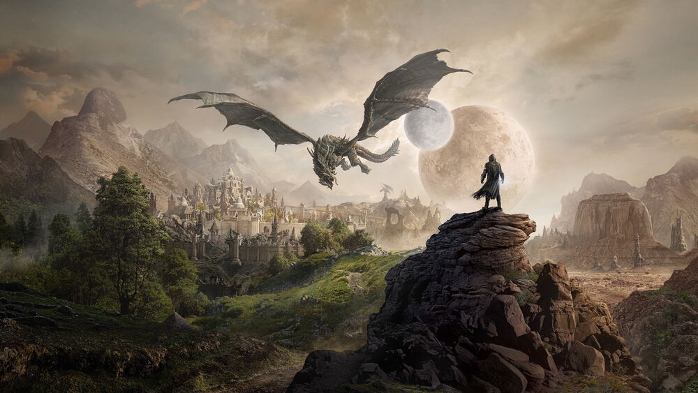 Обои для рабочего стола Маг стоит на скале и смотрит на летящего дракона