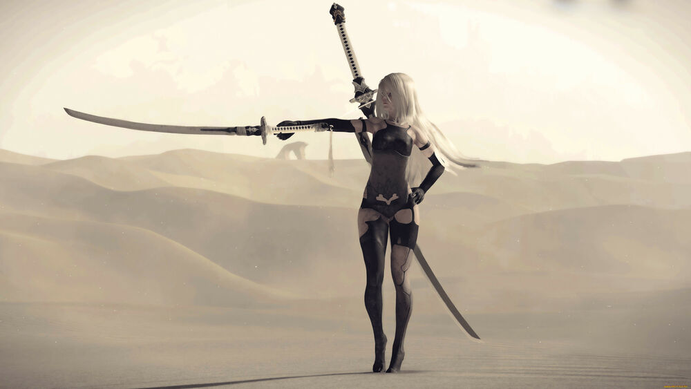 Обои для рабочего стола YoRHa Type A No. 2 из игры NieR: Automata с мечом в руке среди песков