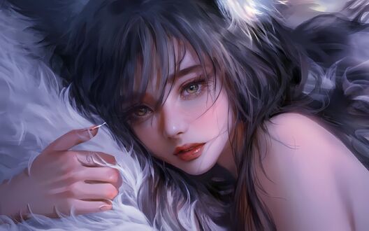 Обои на рабочий стол Девушка-лиса Ahri / Ари обнимает собственный хвост, персонаж из игры League of Legends / Лига Легенд
