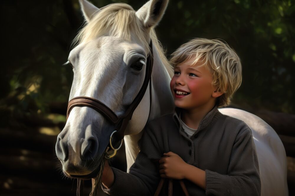 Обои для рабочего стола Счастливый мальчик держит под узду белую лошадь